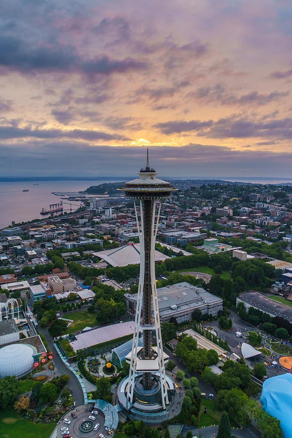 Aerial Seattle Space Needle Sunset Photograph