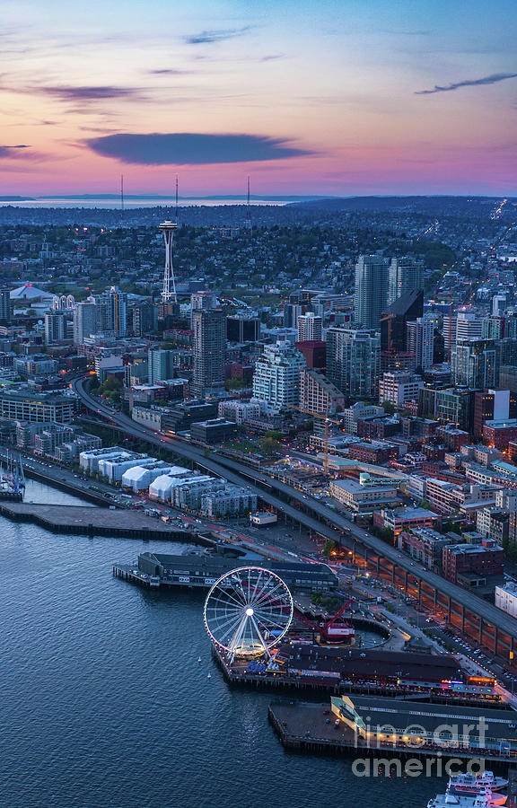 Aerial Seattle Waterfront and Space Needle Photograph by Mike Reid
