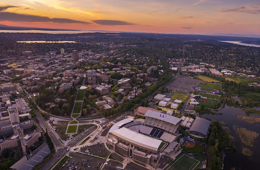 Aerial University Of Washington Campus At Sunset Photograph by Mike Reid