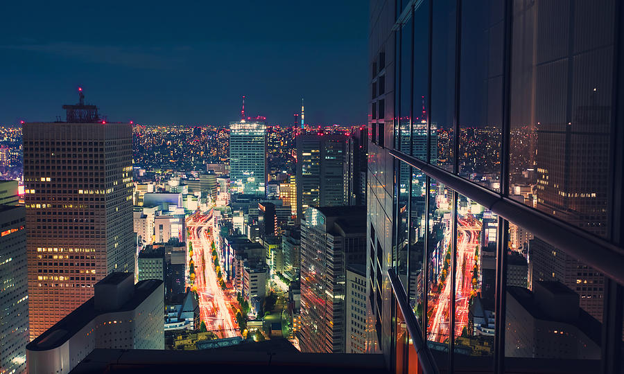 Architecture Photograph - Aerial view cityscape at night in Tokyo Japan from a skyscraper by Michiko Tierney