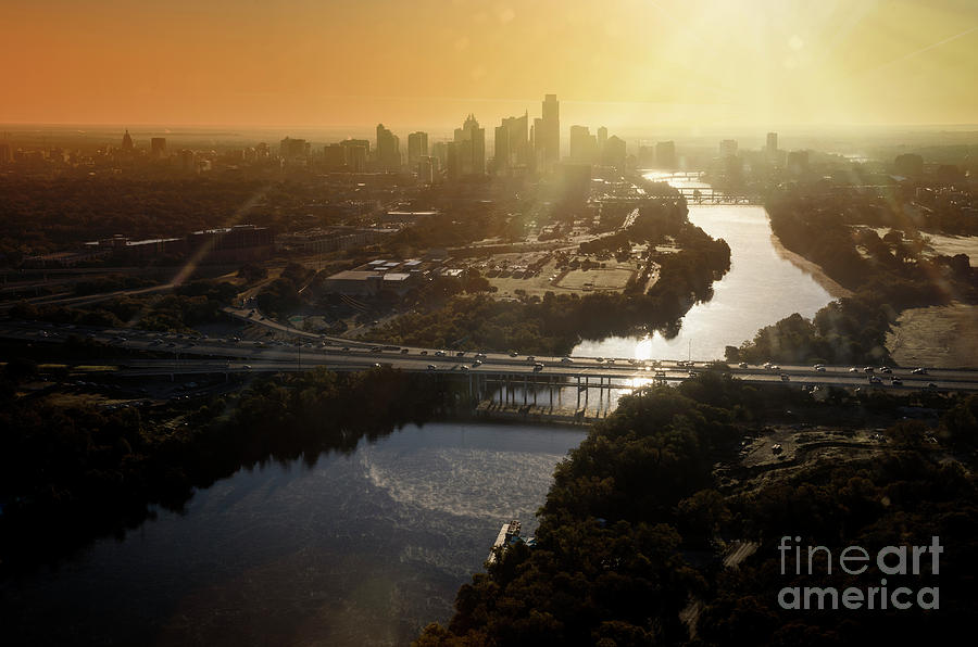 Austin Skyline Photograph - Aerial view from a helicopter of the downtown Austin skyline, Mopac Expressway during morning sunrise by Dan Herron