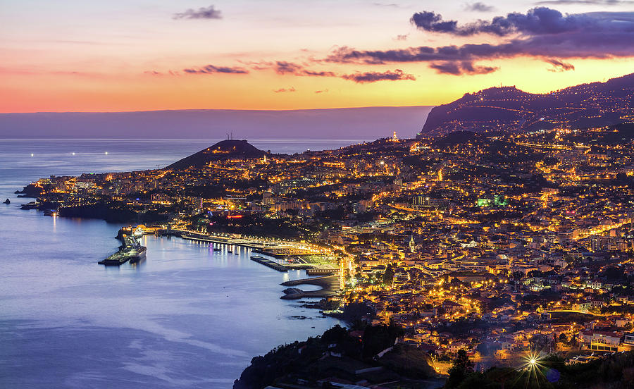 Aerial View Of Funchal By Night, Madeira Island, Portugal Photograph by ...