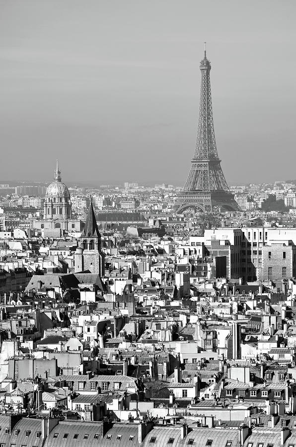 Aerial View of Paris France Rooftops with Les Invalides Dome and Eiffel Tower Black and White Photograph by Shawn OBrien