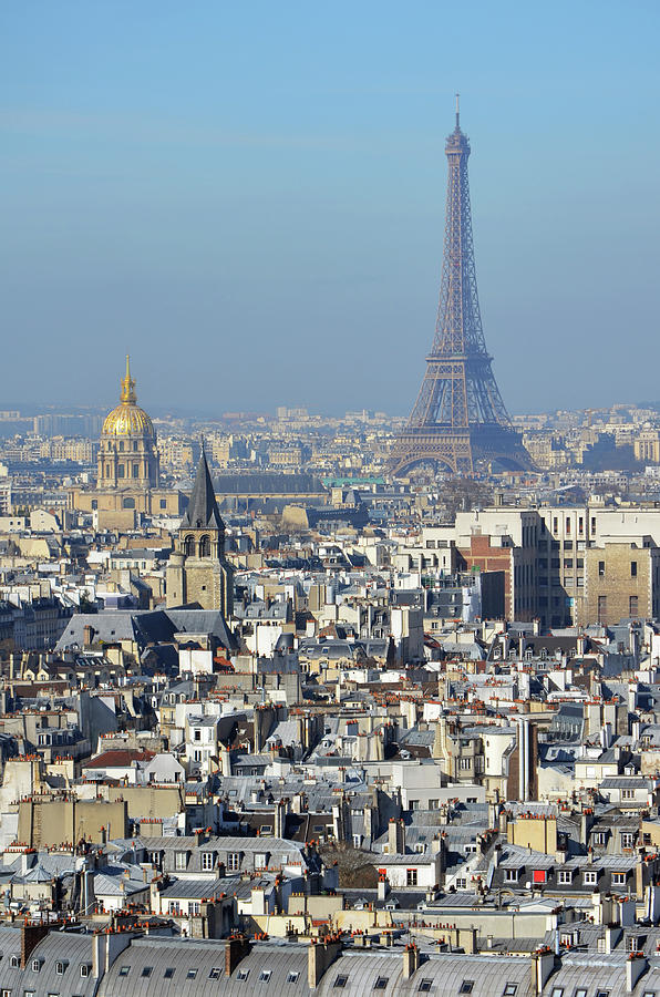 Aerial View of Paris France Rooftops with Les Invalides Dome and Eiffel Tower Photograph by Shawn OBrien