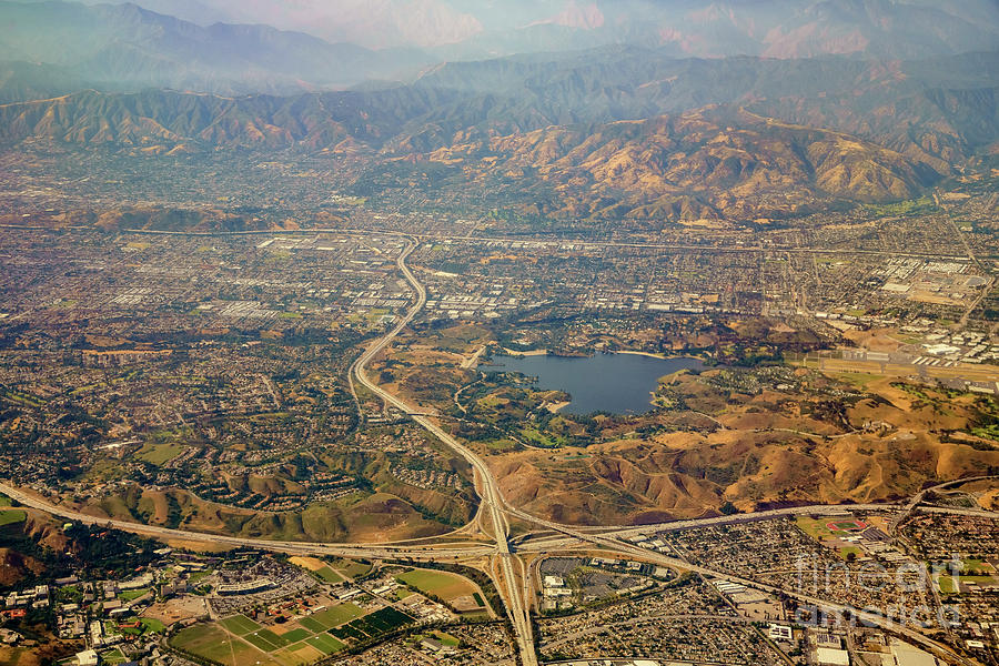 Aerial view of San Dimas and Puddingstone Reservoir, view from w Photograph by Chon Kit Leong