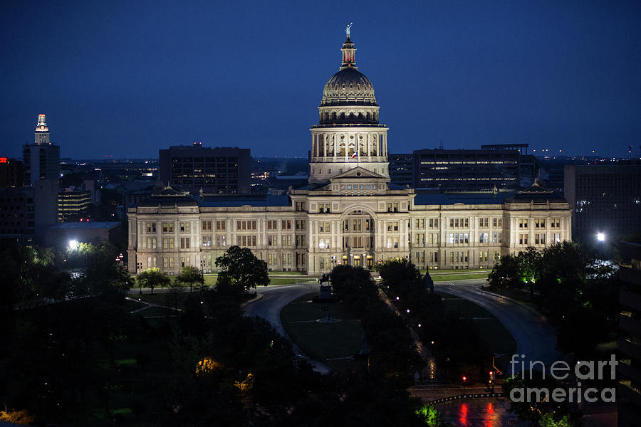 Austin Photograph - Aerial view of the Texas Capitol Building at dusk and UT Tower,  by Dan Herron