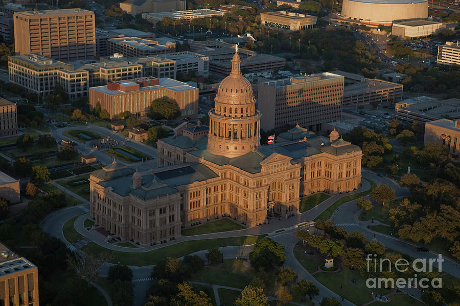 Helicopter Photograph - Aerial view of the Texas State Capitol facing North by Dan Herron