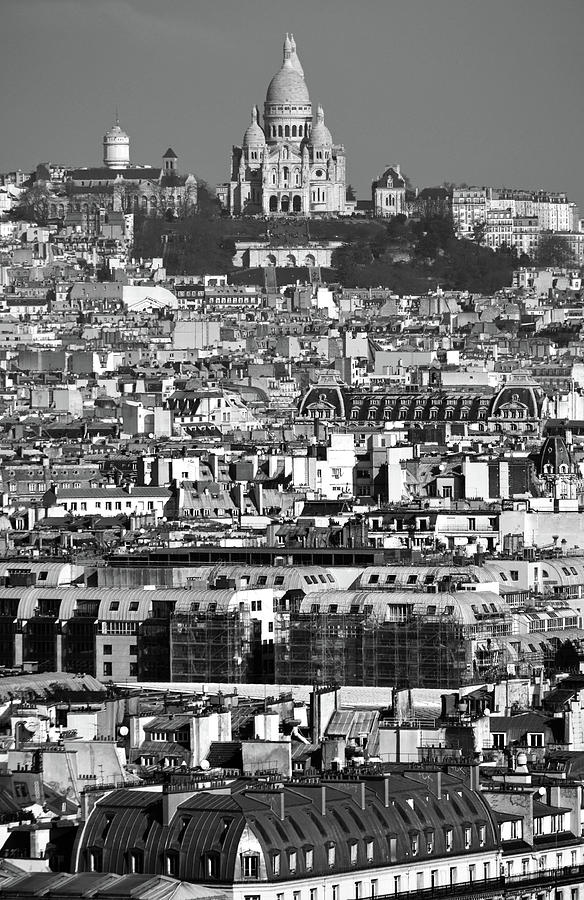 Aerial View Over Paris France Rooftops Out to Sacre Coeur Hilltop Church Black and White Photograph by Shawn OBrien