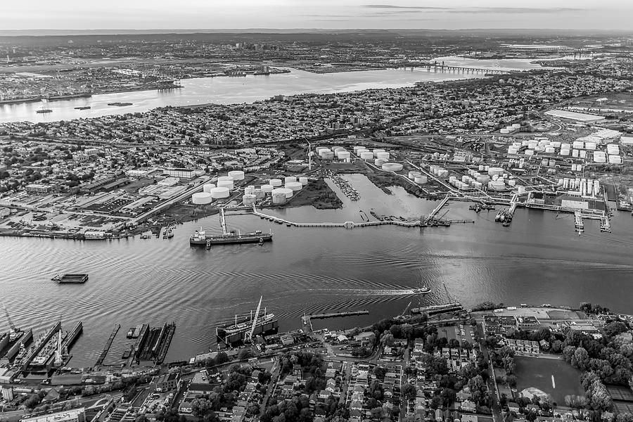Aerial View Port Of NY And NJ BW Photograph by Susan Candelario