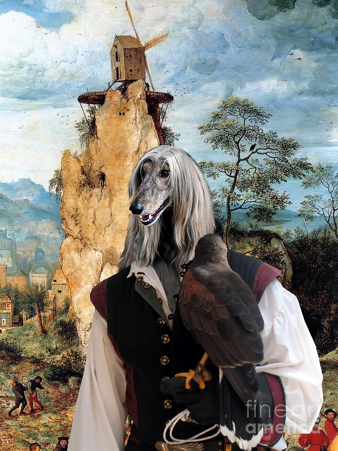 Afghan Hound-Falconer and windmill Canvas Fine Art Print Painting by Sandra Sij