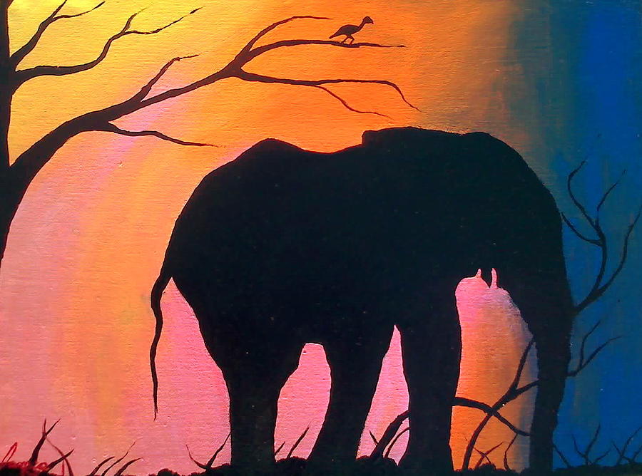 Afican Elephant Pink Orange Sunset Painting by James Dunbar