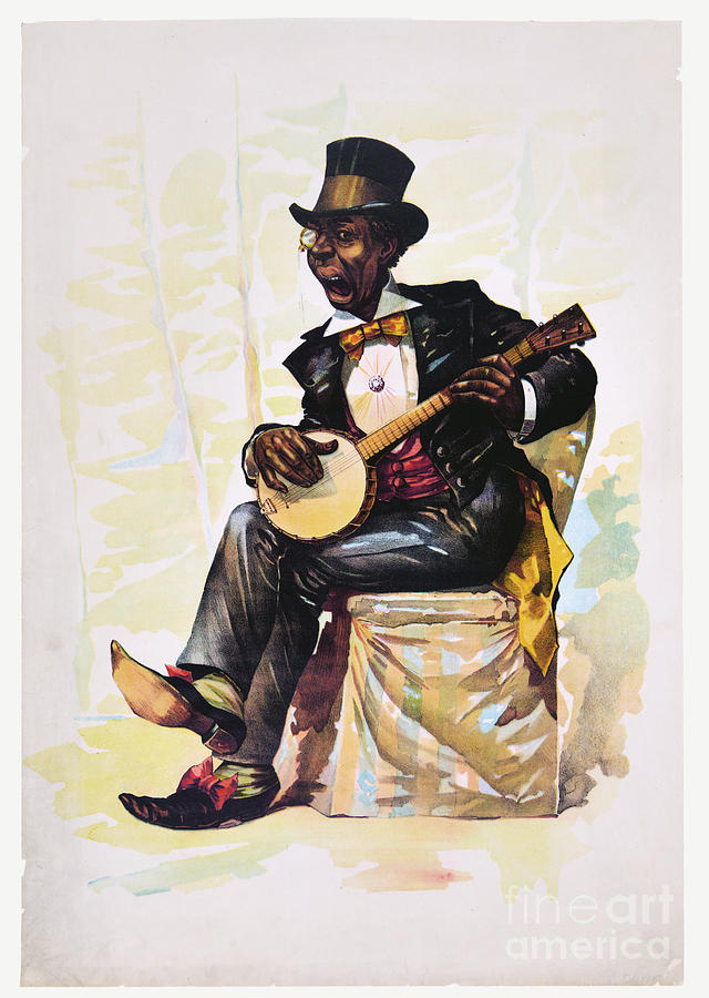 African American Banjo Player Vintage Lithograph 1890 Drawing