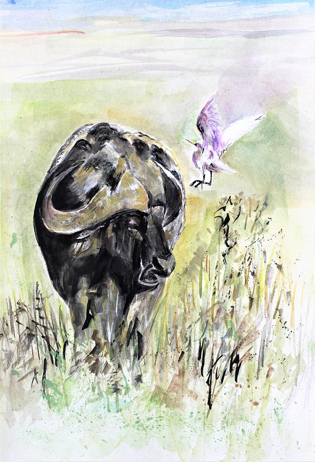 African Buffalo Painting by Khalid Saeed