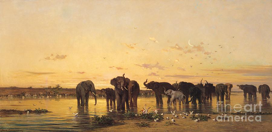 African Elephants Painting by Charles Emile de Tournemine