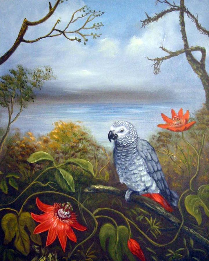 African Grey with Flowers Painting by Anne Kushnick