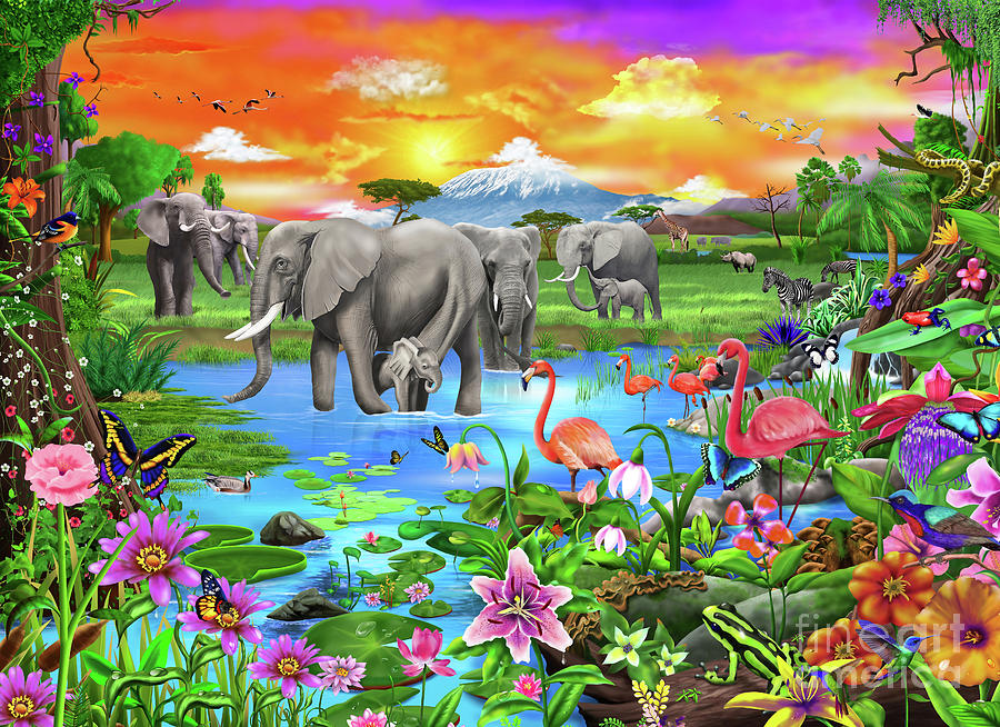 Elephant Digital Art - African Lake by MGL Meiklejohn Graphics Licensing