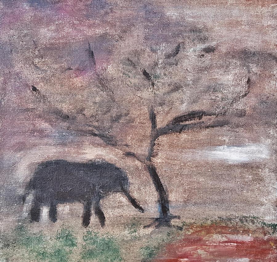 Sunset Painting - African Landscape baby elephant and banya tree at watering hole with mountain and sunset grasses shr by MendyZ