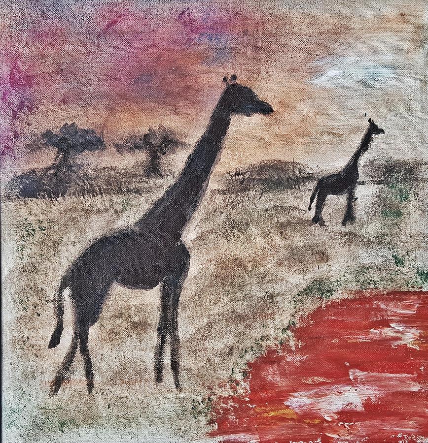 African Landscape giraffe and banya tree at watering hole with mountain and sunset grasses shrubs sa Painting by MendyZ