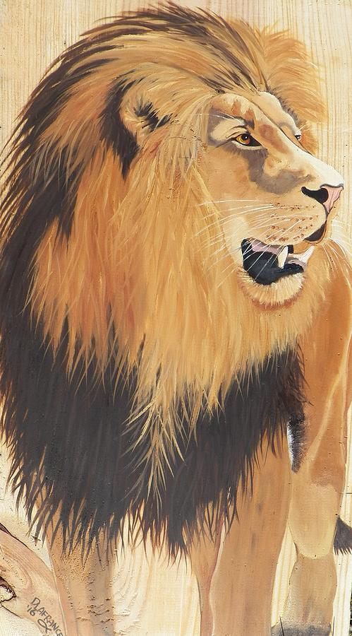 African Lion On Rustic Wood Painting