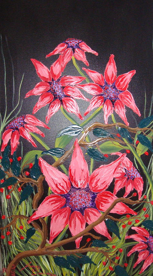 African Pink Daisies With Red Berries Painting by James Dunbar