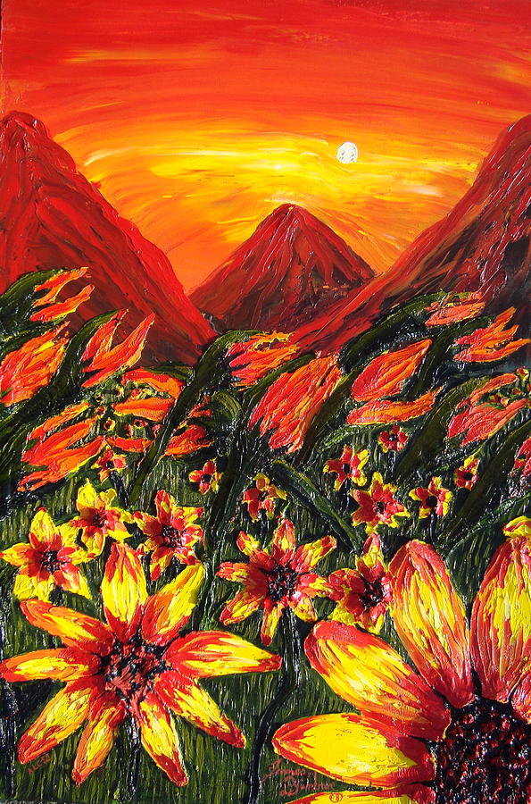 African Red Yellow Abstract Daisies Painting by James Dunbar