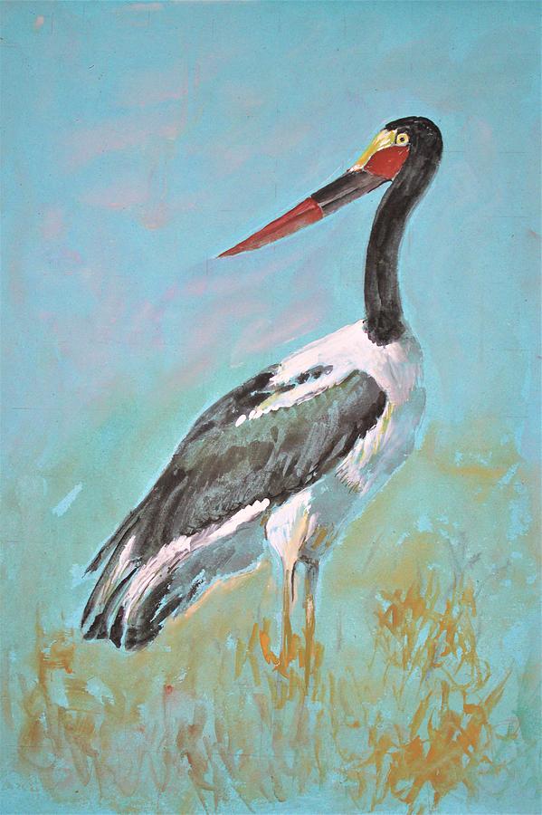 African stork Painting by Khalid Saeed