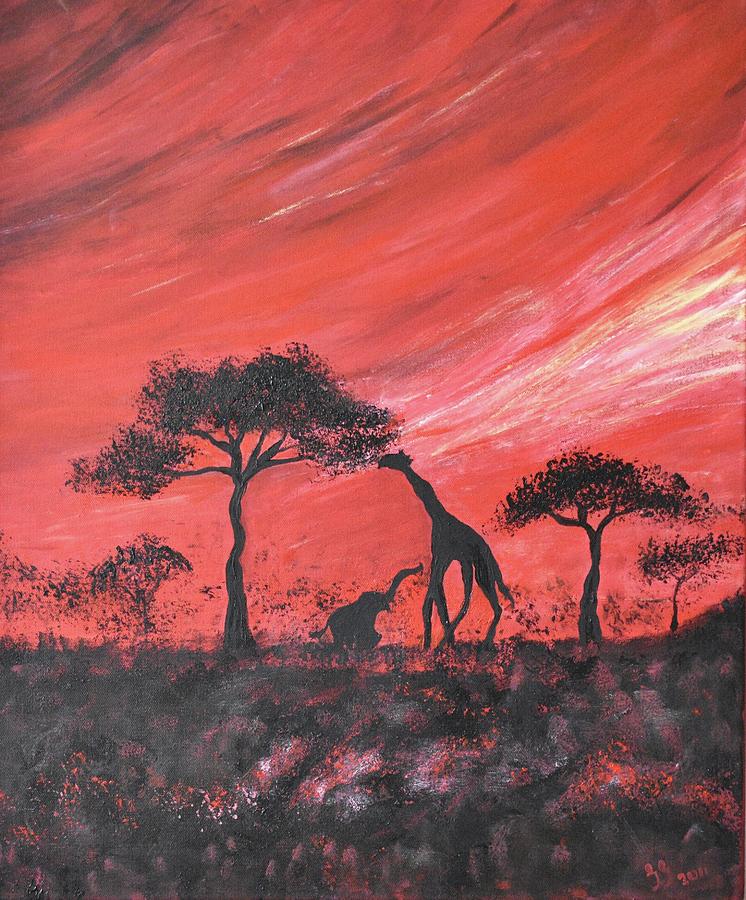 Red Safari Sunset Painting Safari Animals Painting Original Modern sunset  wall art Painting by Geanna Georgescu - Pixels