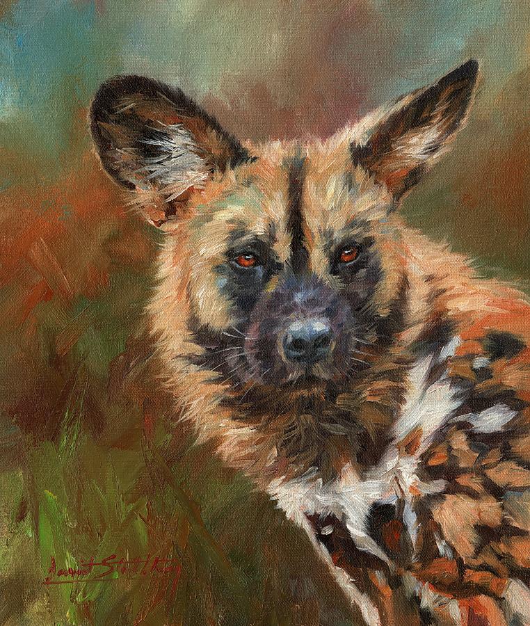 African Wild Dog Portrait Painting by David Stribbling