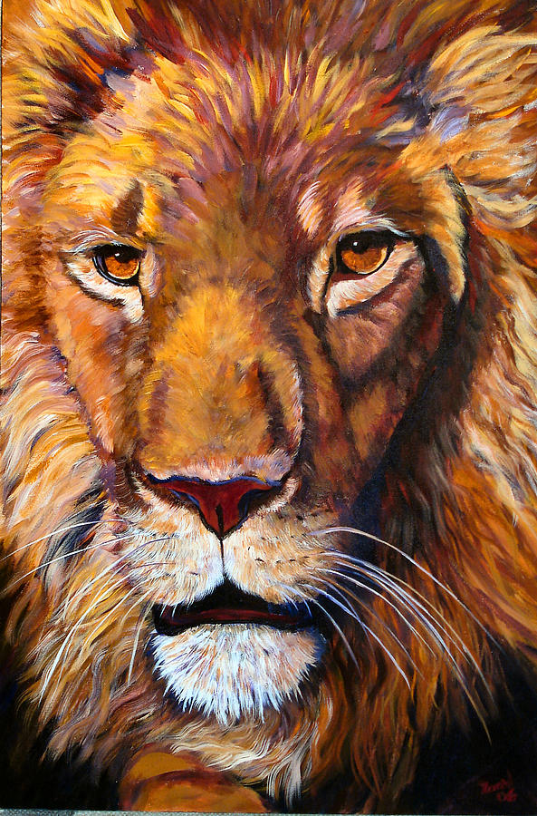 African Wilddlife Lion Faces of Nature Series Painting by Mary Jo Zorad