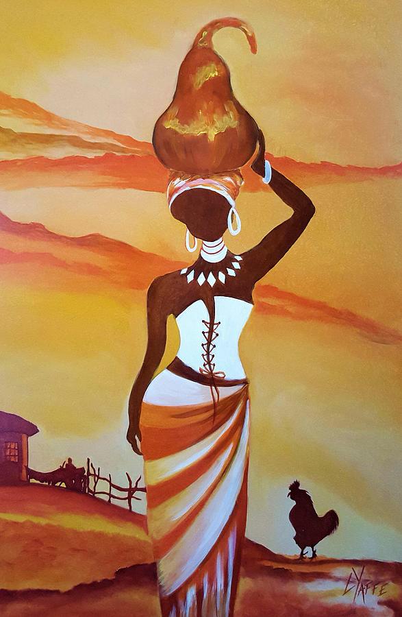 African Woman Carrying Calabash on Head - hut and chicken Painting by ...