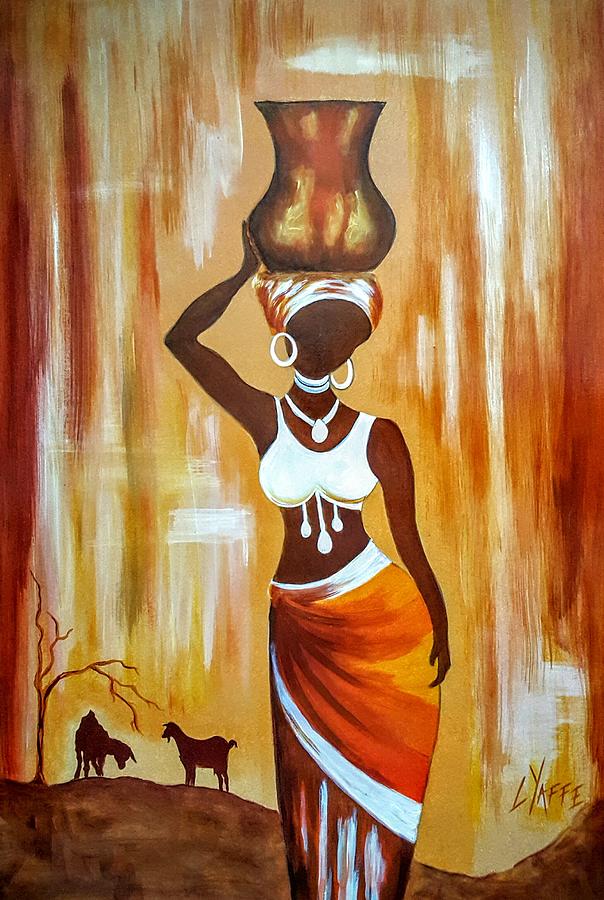 African Woman Carrying Clay Pot on head -two goats Painting by Loraine Yaffe
