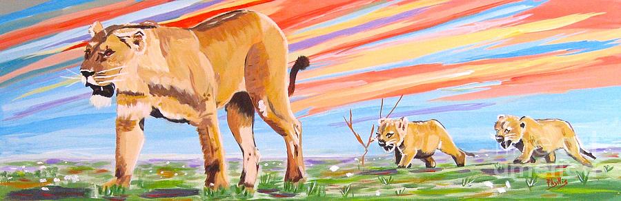 African Lion and Cubs Painting by Phyllis Kaltenbach
