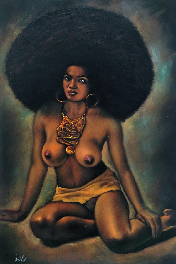 Nude Painting - Afro Black Sexy Nude 70s large vintage  by Enrique Felix