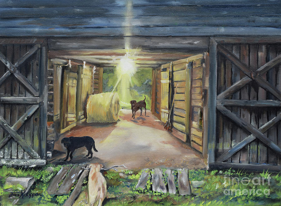 After Hours in Pas Barn - Barn Lights - Labs Painting by Jan Dappen