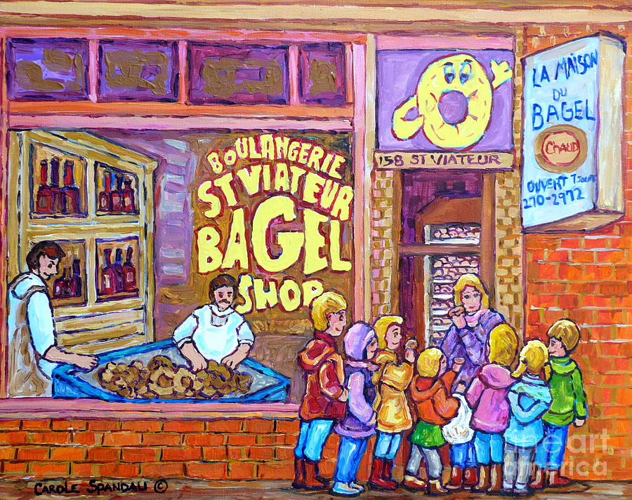 City Scene Painting - After School Kids Bagel Shoppers Boulangerie Store Front St Viateur Bagel Chef Montreal Memories     by Carole Spandau