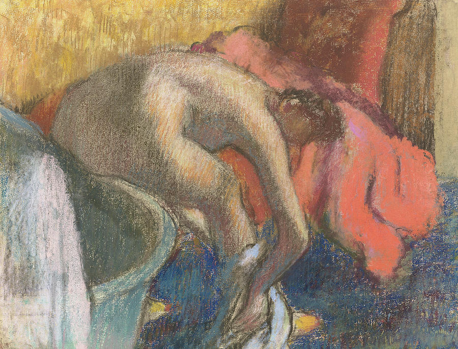 Edgar Degas Pastel - After the bath, woman drying her leg   The red robe by Edgar Degas