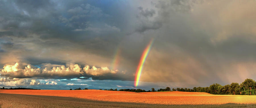 After the Shower - summer thunderstorm with double rainbow and crepuscular rays and wheat field Photograph by Peter Herman