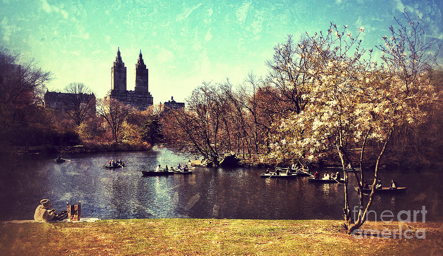 Afternoon By the Lake - Central Park in Spring Vintage-Style Photograph by Miriam Danar