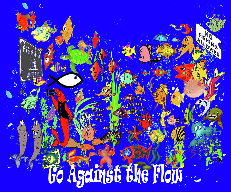 Against the Flow Christian Fish Symbol Mixed Media by Hw