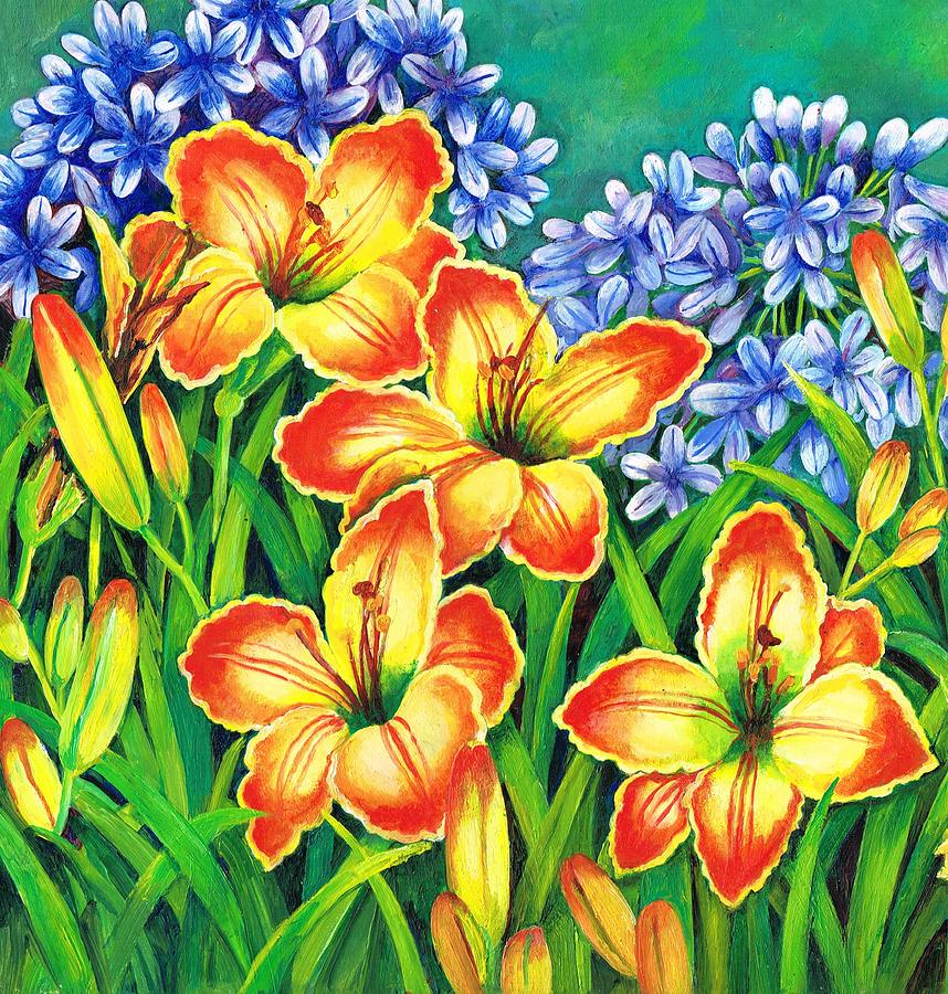 Agapanthus and lillies Painting by Val Stokes