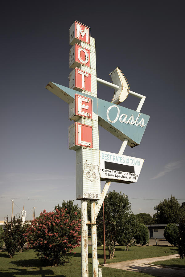Tulsa Photograph - Aged Oasis Motel Route 66 Sign - Tulsa Oklahoma by Gregory Ballos