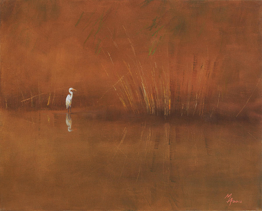 Egret Painting by Attila Meszlenyi