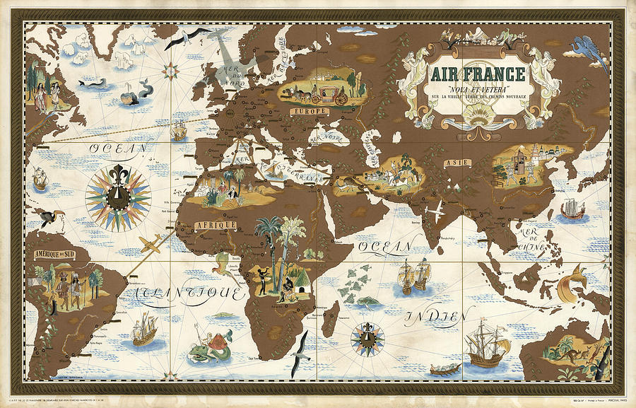 Air France - Historical Illustrated Map Of The World - Lucien Boucher - Cartography Mixed Media