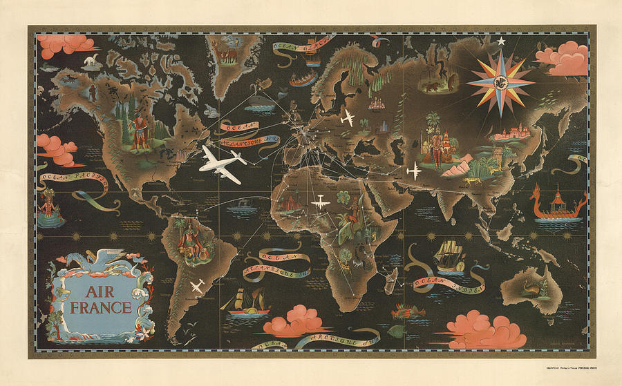 Vintage Mixed Media - Air France - Historical Illustrated Map of the World - Pictorial Map - Cartography by Studio Grafiikka
