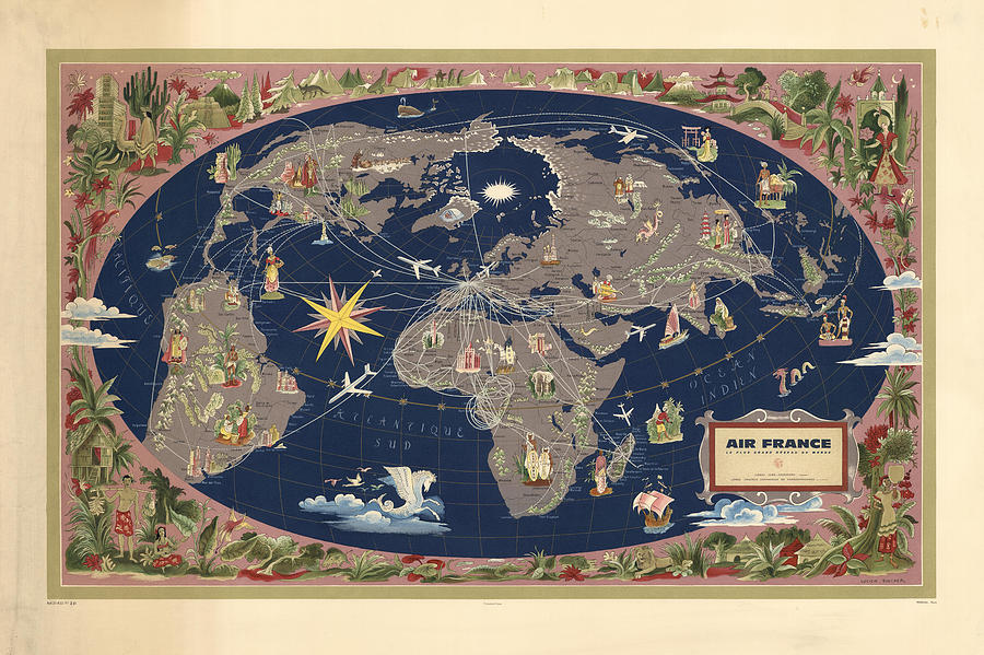 Air France - Illustrated map of the Air routes by Lucien Boucher - Historical Map of the World Mixed Media by Studio Grafiikka