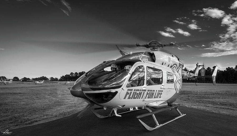 Black And White Photograph - Air Methods Helicopter, Air Ambulence by Phil And Karen Rispin