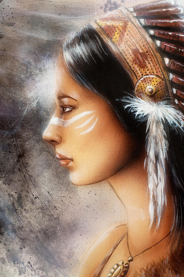 Feather Painting - Airbrush Painting Of A Young Indian Woman. Profile Portrait by Jozef Klopacka