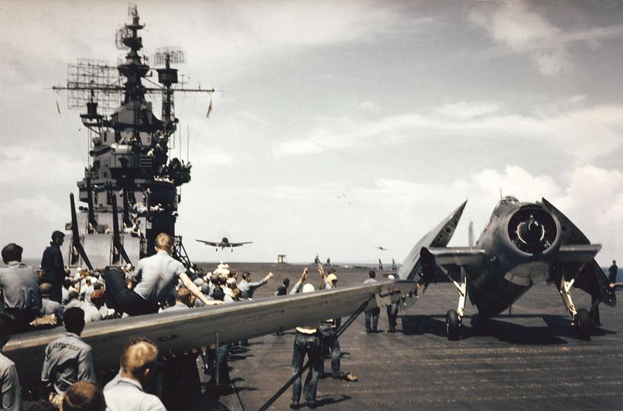 Aircraft of Carrier Air Group 16 return to the USS Lexington CV-16 during the Gilberts operation,  Painting by Celestial Images