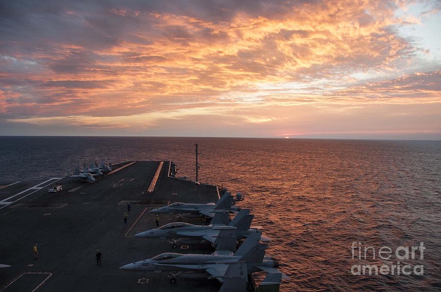 Aircraft sit on the flight deck of the aircraft carrier USS Theodore Roosevelt Painting by Celestial Images
