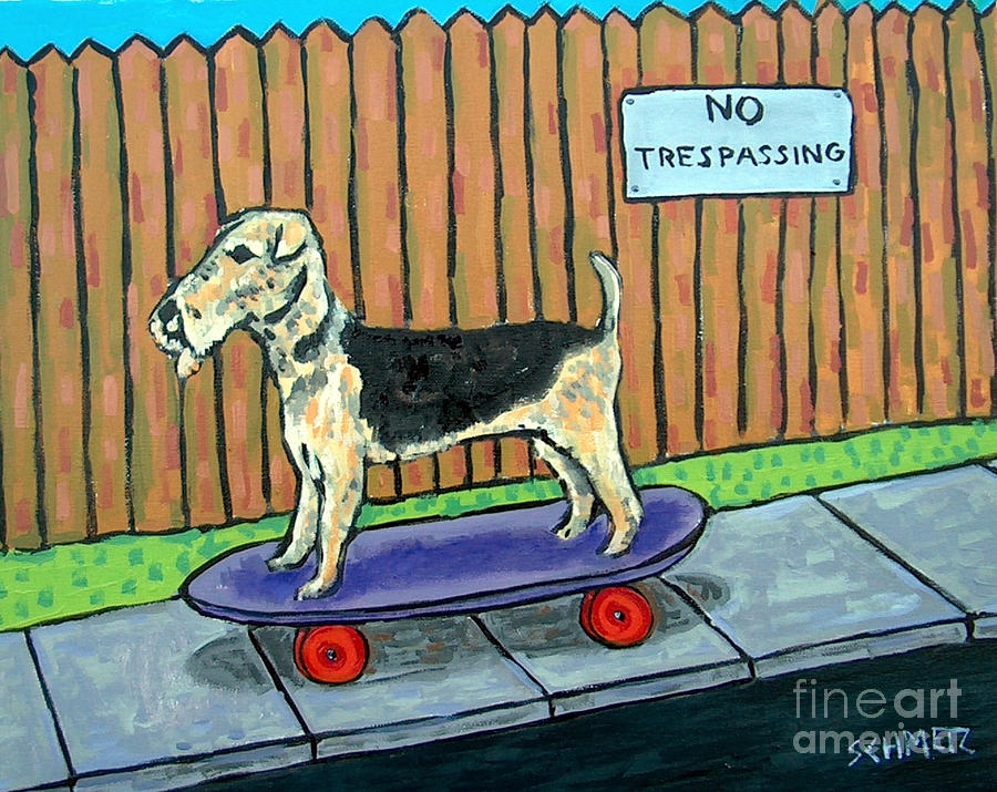 Dog Painting - AIredale Terrier Skateboarding by Jay  Schmetz